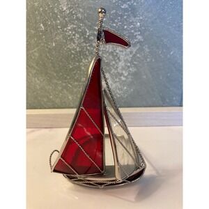 Vintage Stained Glass Sailboat Figurine Red Clear Nautical Sun Catcher Decor